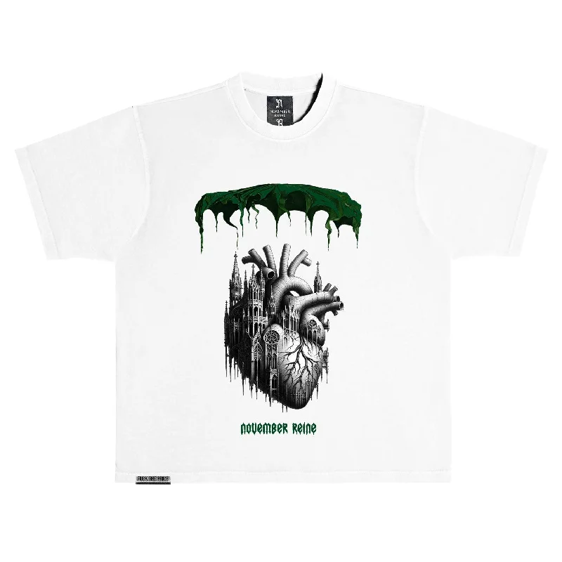 November Reine (White/ Forest Green "Tracery" T-Shirt)-- Seamless Knitted Crochet