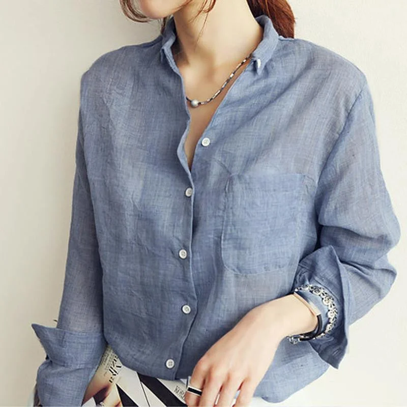 Womens Tops Fashion Linen White Shirt Women Long Sleeve Blouse Korean Woman Clothes-- Chenille Fabric Brocade Fabric Lace Fabric