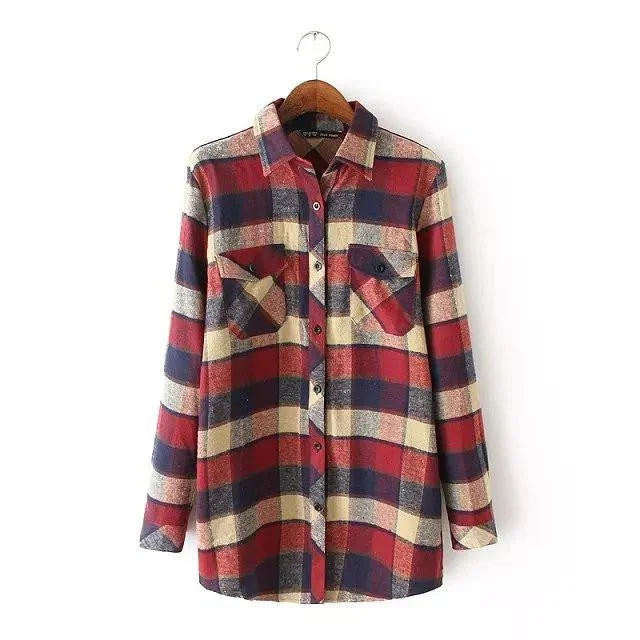 Women Vintage Long Sleeves Plaid Shirts Female Popular Casual Flannel Checked Blouses Tops-- Faux Fur Fabric Real Fur Fabric Shearling Fabric