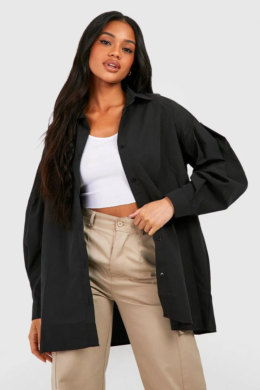 Puff Sleeve Oversized Shirt Black-- Mesh Fabric Canvas Fabric Denim Fabric