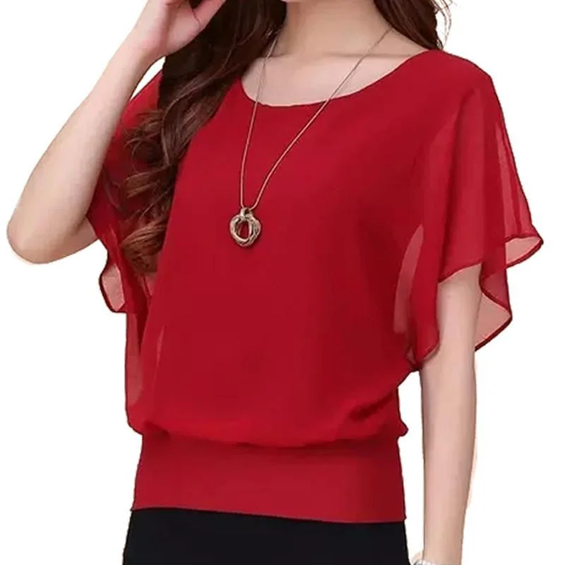 Women Blouse High Chiffon Soft Stretchy Fabric Plus Size XS-4XL Ruffle Batwing Short Sleeve Casual Shirt-- Print Jacquard Patchwork