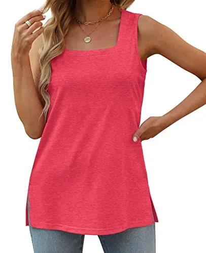 Summer Tops for Women 2023 Trendy Square Neck Sleeveless T-Shirts Red Small-- Anti-Pilling Machine Wash Handmade