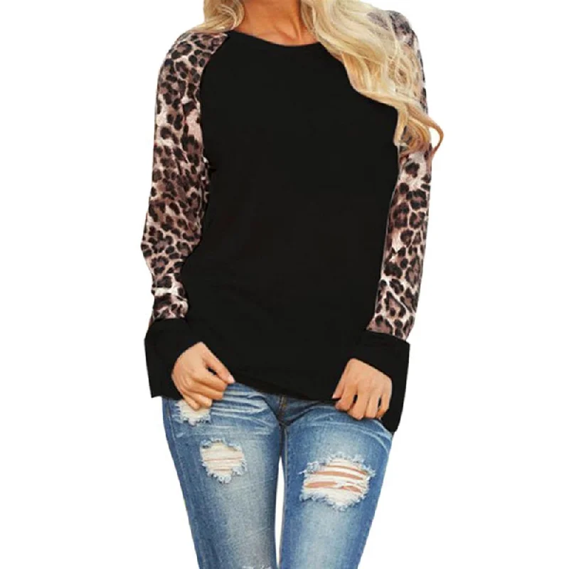 Plus Size Women Clothing Fashion Women Patchwork Leopard Print Chiffon Casual Long Sleeve Lady Tops Shirt-- Print Jacquard Patchwork