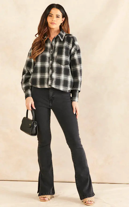 Check Gem Collar Shirt Black-- Nylon Fabric Polyester Fabric Spandex Fabric