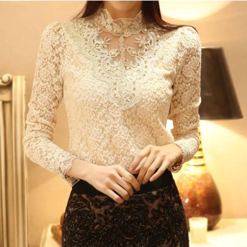 Women's Casual beading Long Sleeve Lace crochet Tops Shirt Blouse sheer turtleneck hollow out top-- Polka Dot Checkered Tartan