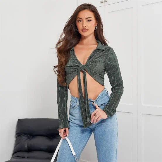 Tie Front Plisse Crop Shirt Khaki-- Mesh Blend Leather Blend Suede Blend