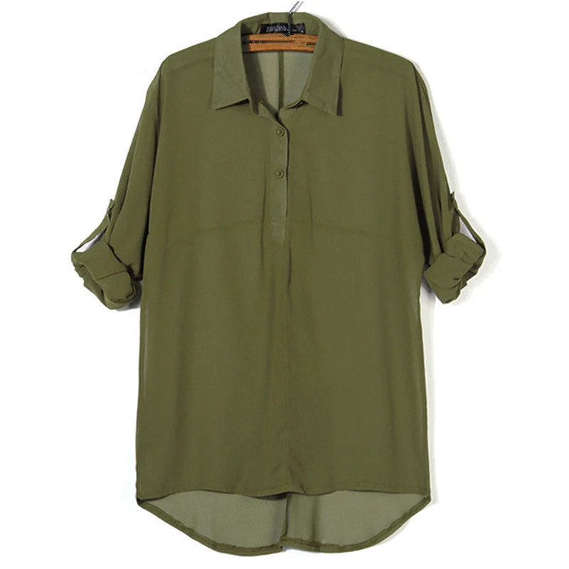 Blouse Women Long Batwing Sleeve Chiffon Shirts Turn-down Collar Casual Loose See Through Tops Plus Size-- Ribbed Striped Patterned