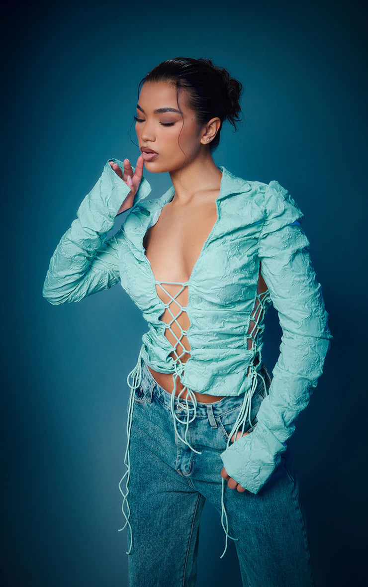 Pale Blue Embossed Ruched Sleeve Lace Up Shirt-- Mesh Fabric Canvas Fabric Denim Fabric