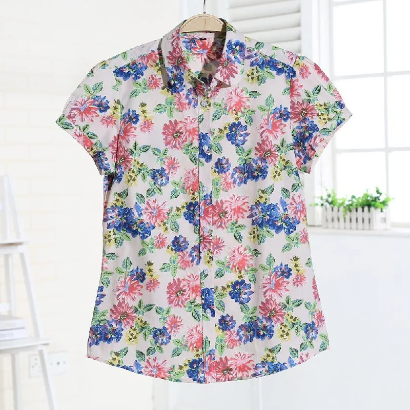Women Blouses Short Sleeve Blouse Cotton Turn-down Shirt Women Tops Fashion Big Size-- Fleece Fabric Down Fabric Feather Fabric
