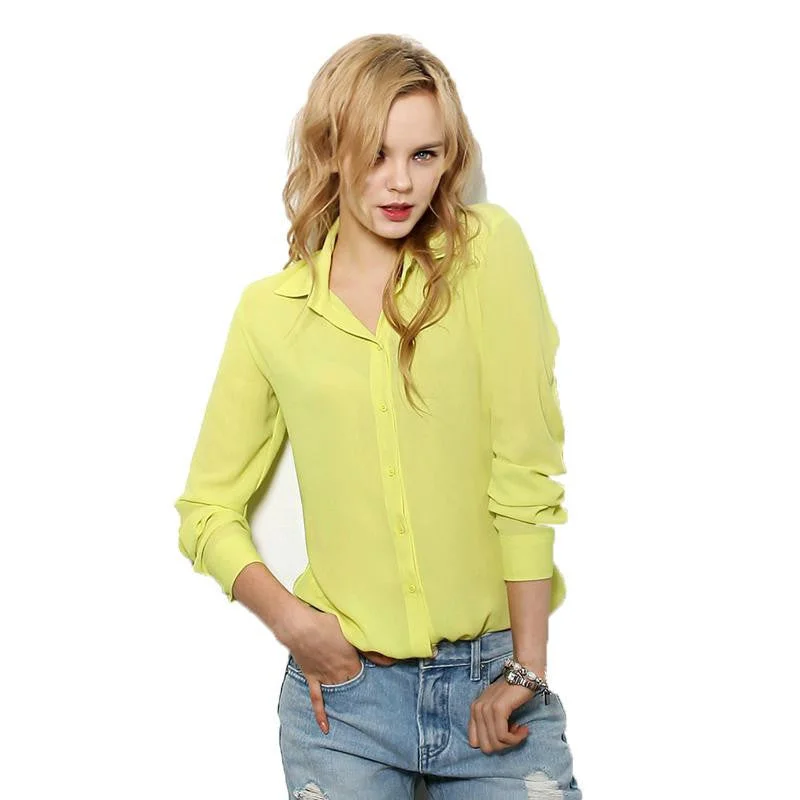 Women Blouses Button Solid women tops Long-sleeve Shirt Female Chiffon Slim Clothing-- Anti-Shrink Durable Soft