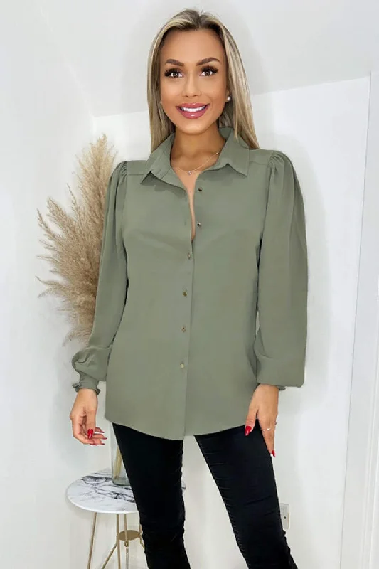 Khaki Gold Button Up Elasticated Cuff Shirt -- Basic T-Shirt Crew Neck Short Sleeve