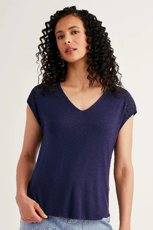 T-shirt col en V avec crochet aux épaules - Femme-- V-Neck T-Shirt Long Sleeve Cotton
