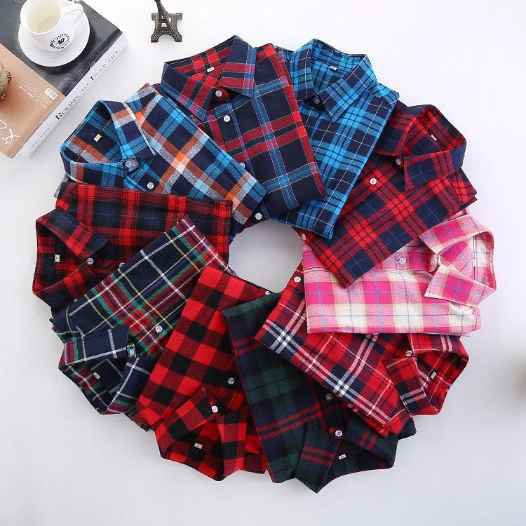 Fashion Plaid Shirt Female College style women's Blouses Long Sleeve Flannel Shirt Plus Size Cotton Office tops-- Terry Blend Velvet Blend Canvas Blend