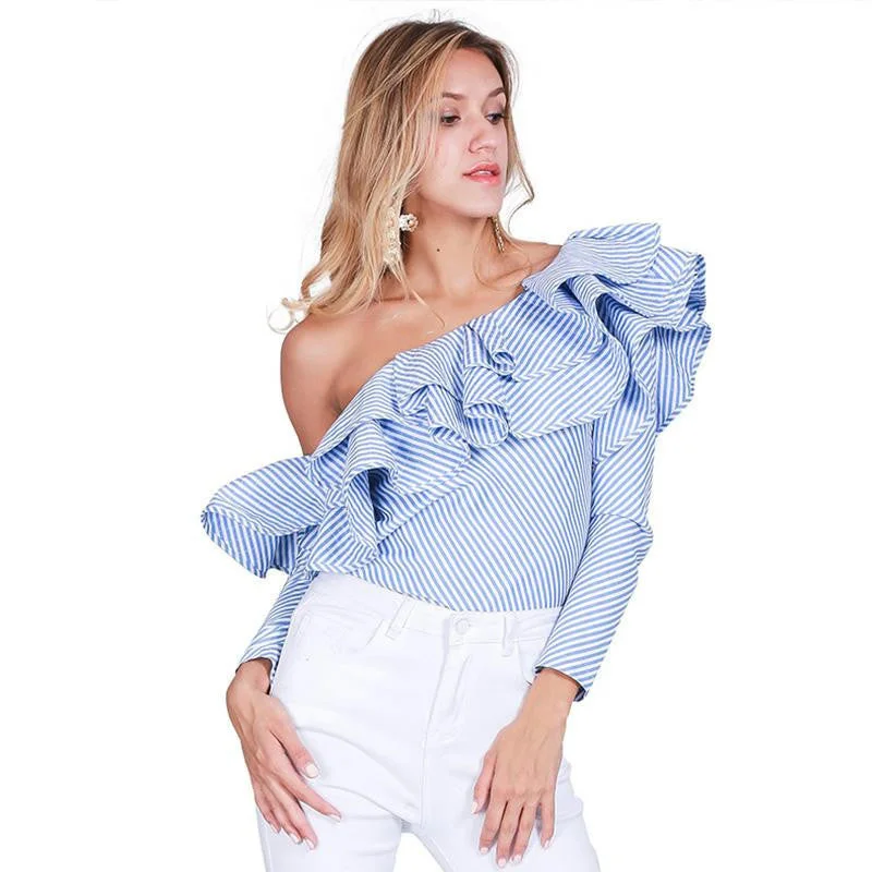 One shoulder ruffles blouse shirt women tops Casual blue striped shirt Long sleeve cool blouse-- Graphic T-Shirt Round Neck Polyester