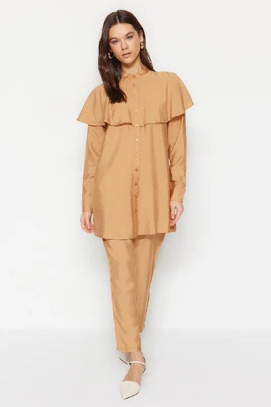 Camel 2 Piece Longsleeve Shirt And Trouser Set-- Collared Crew Neck Turtle Neck