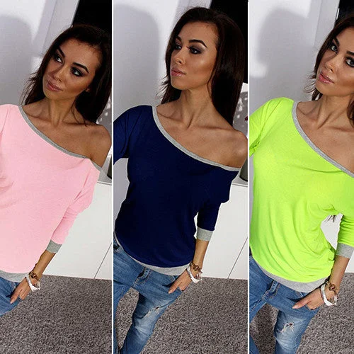 Fashion Women Neck Off Shoulder Three Quarter Sleeve Shirt Top-- Satin Fabric Silk Fabric Chiffon Fabric