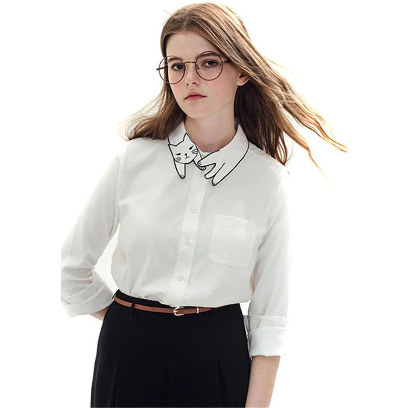 Cute Cat Embroidery Collar Vintage White Blouse Long Sleeve Shirt Women Tops Tees-- Rayon Fabric Velvet Fabric Corduroy Fabric