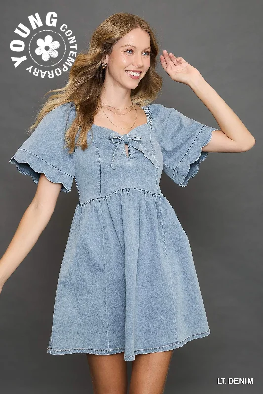Umgee Denim Mini Dress with Scalloped Sleeves Comfortable Ruffle Mini Dress