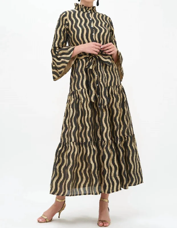 Ruffle Collar Bell Maxi Dress In Black/ankara Tunics Canvas sturdy