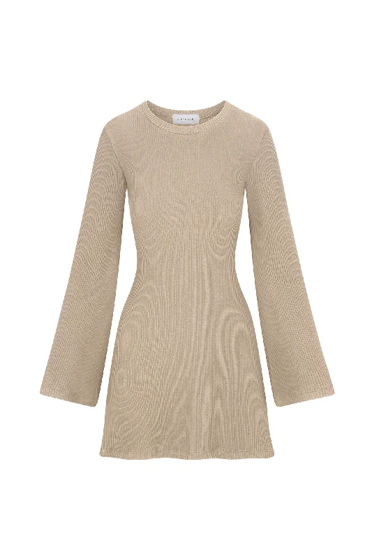 Bell Sleeve Mini Dress in Tencel Rib Knit Comfortable Polka Dot Mini Dress