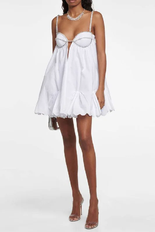Sparkly Rhinestone Sweetheart Cutout Ruffled Babydoll Slip Party Mini Dress - White Tunics Cozy comfortable