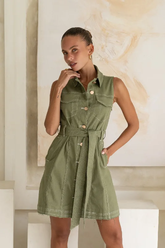 Clea Khaki Green Button Down Belted Mini Dress Chic Halter Mini Dress