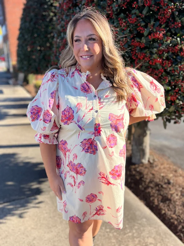 PLUS Entro Cream/Pink Mix Floral Mini Dress with Puff Sleeves Trendy Mesh Mini Dress PLUS Entro Cream/Pink Mix Floral Mini Dress with Puff Sleeves Trendy Mesh Mini Dress