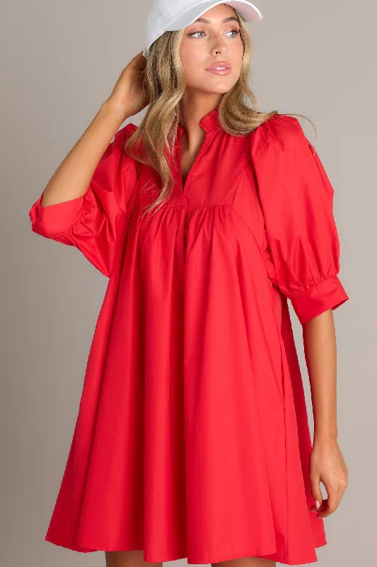 Enchanting Encore Red Puff Sleeve Mini Dress Chic Pleated Mini Dress