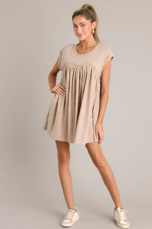 Heartstrings of Happiness Tan Mini Dress Stylish Ribbed Mini Dress