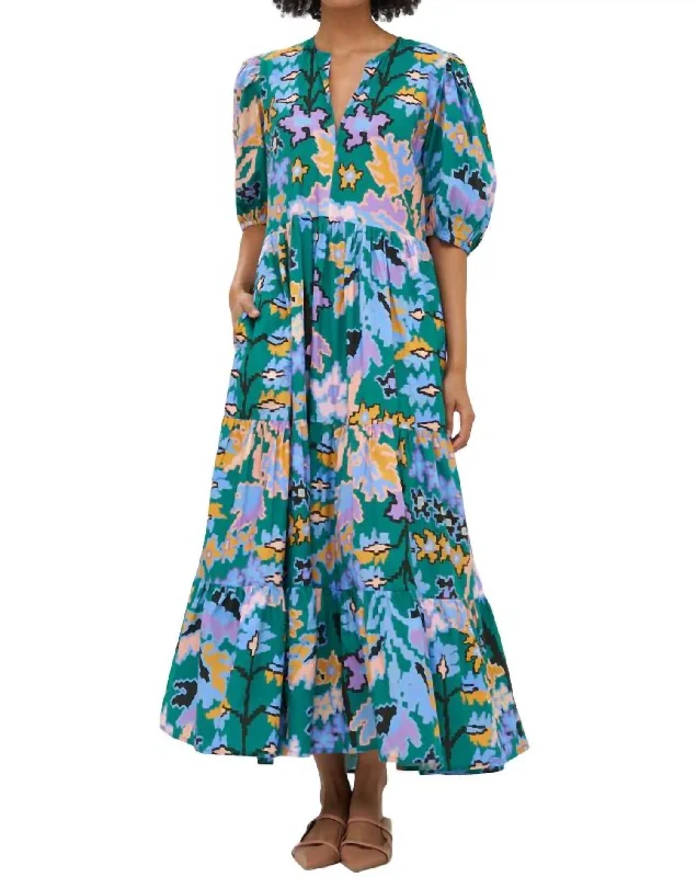 Puff Sleeve V-Neck Maxi Dress In Bukhara/green Tunics Versatile stylish