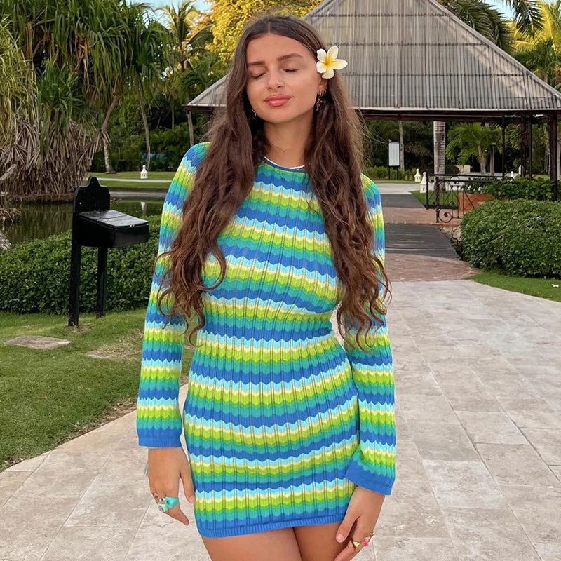 Stripe Print Long Sleeves O Neck Patchwork Mini Dress Trendy Floral Mini Dress