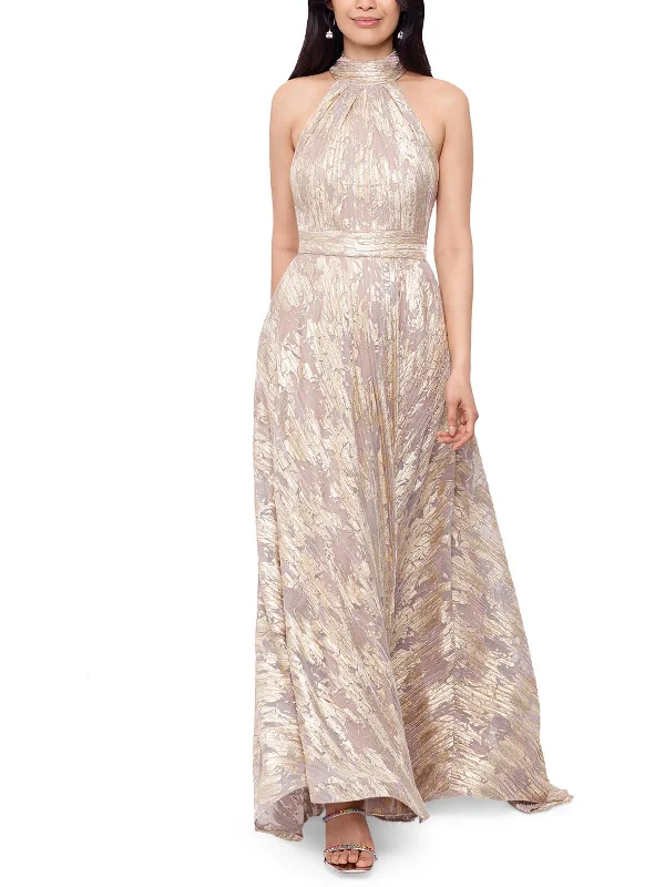 Womens Metallic Long Evening Dress Maxi Flowy Bohemian