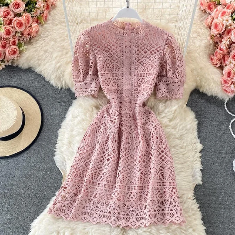 Chic Pink O-neck Hollow Out Lace High Waist Puff Sleeve Mini Dress AR1010 Tunics Plaid country Chic Pink O-neck Hollow Out Lace High Waist Puff Sleeve Mini Dress AR1010 Tunics Plaid country