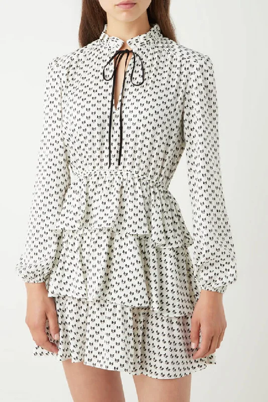 Bowknot Print Tie Front Long Sleeve Ruffle Tiered Mini Dress - White Tunics Trendy modern