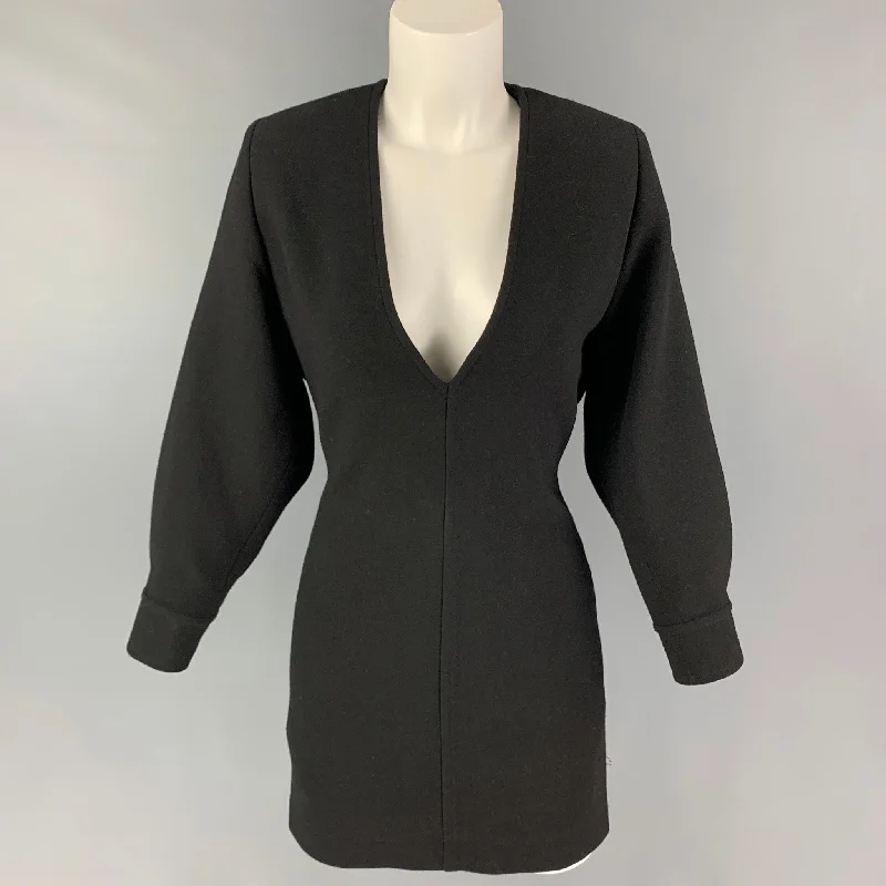 SAINT LAURENT Size 2 Black Wool Double Crepe V-neck Mini Dress Modern Satin Mini Dress
