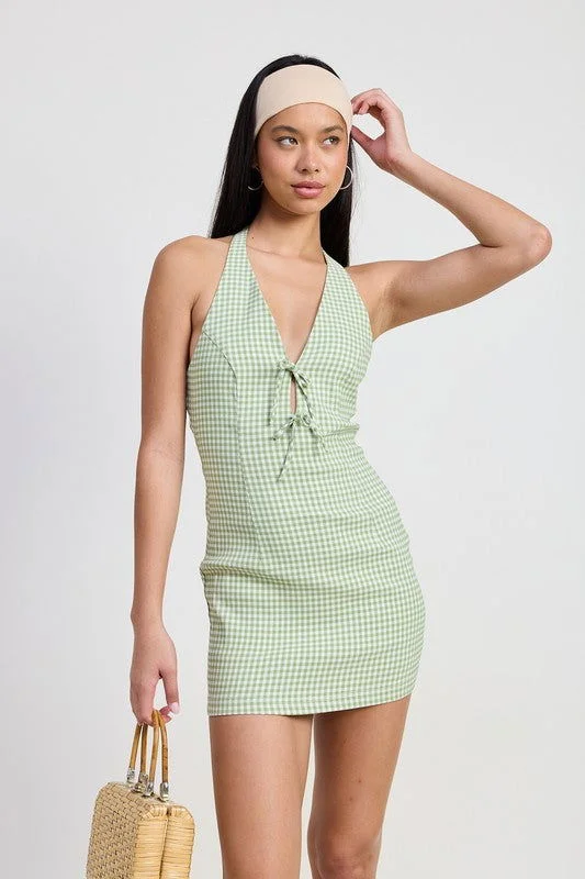 Gingham Halter Mini Dress Comfortable Bodycon Mini Dress