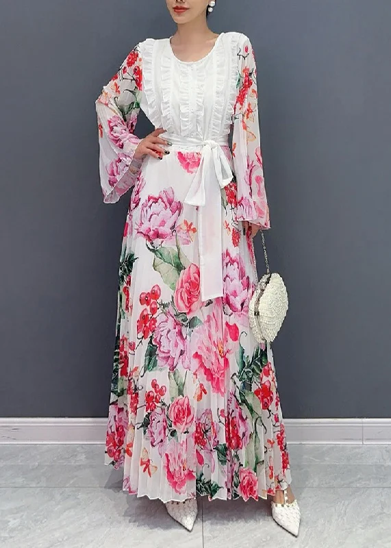 Fashion White O-Neck Ruffled Patchwork Tie Waist Chiffon Long Dress Long Sleeve AO1034 Turtleneck Neckline Stylish
