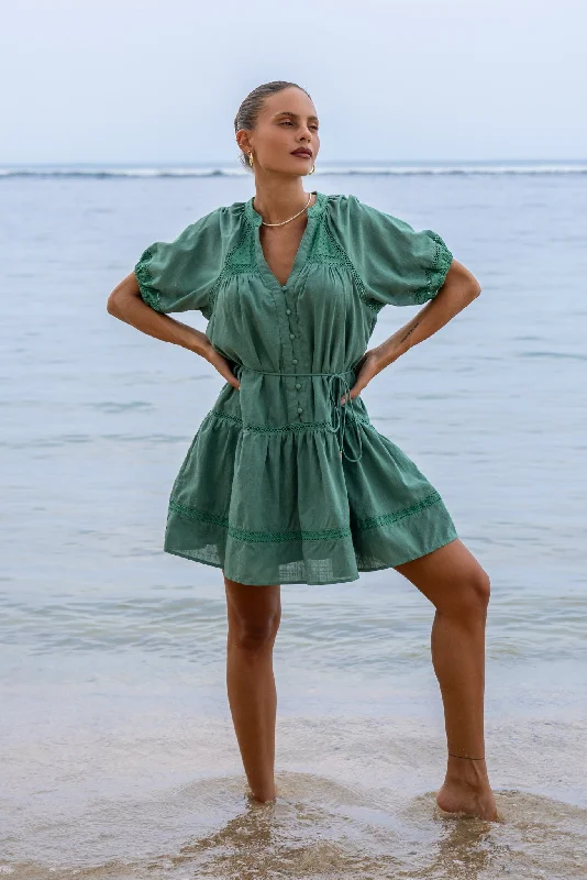Lucienne Green Lace Detail Mini Dress Comfortable Linen Mini Dress