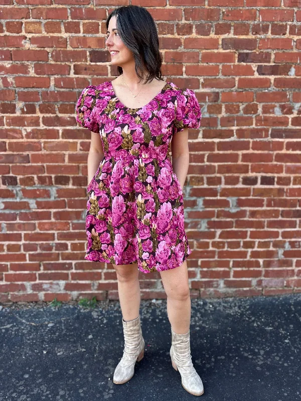 Entro Berry Rose Puff Sleeve Mini Dress Cozy A-Line Mini Dress