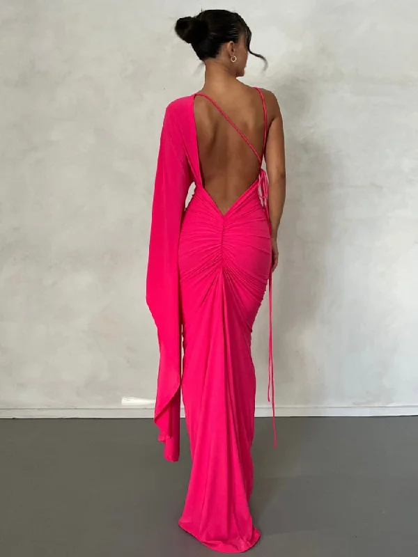 Rose Red Backless Maxi Dress Women Sexy Ruched Evening Party Dresses Fashion Elegant One Shoulder Slim Long Summer Dress 2023 Tunics Winter warm Rose Red Backless Maxi Dress Women Sexy Ruched Evening Party Dresses Fashion Elegant One Shoulder Slim Long Summer Dress 2023 Tunics Winter warm