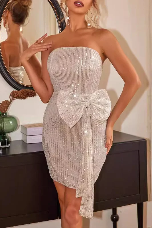 Sexy Formal Solid Sequins Sequined With Bow Strapless Evening Dresses Tunics Sophisticated sleek Sexy Formal Solid Sequins Sequined With Bow Strapless Evening Dresses Tunics Sophisticated sleek
