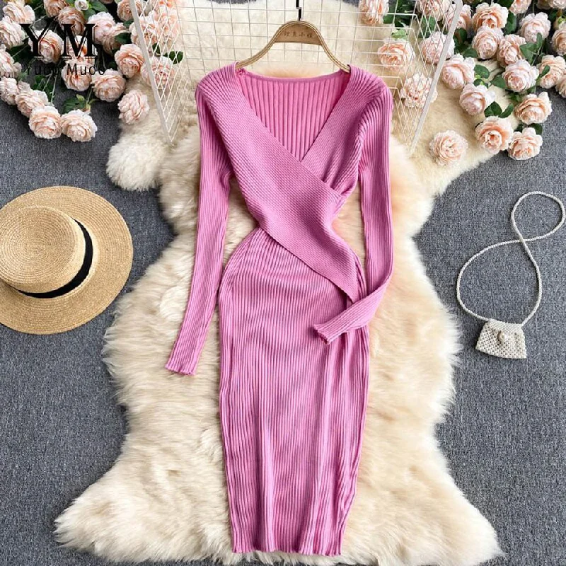 Sexy Pink V-neck Cross Slim Waist Long Sleeve Knit Sweater Dress AR1018 Tunics Chic fashionable Sexy Pink V-neck Cross Slim Waist Long Sleeve Knit Sweater Dress AR1018 Tunics Chic fashionable