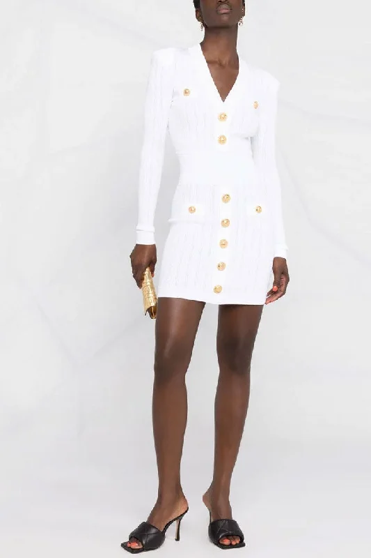 OL Button Trim Long Sleeve Winter Ribbed Sweater Mini Dress - White Tunics Short Trendy OL Button Trim Long Sleeve Winter Ribbed Sweater Mini Dress - White Tunics Short Trendy