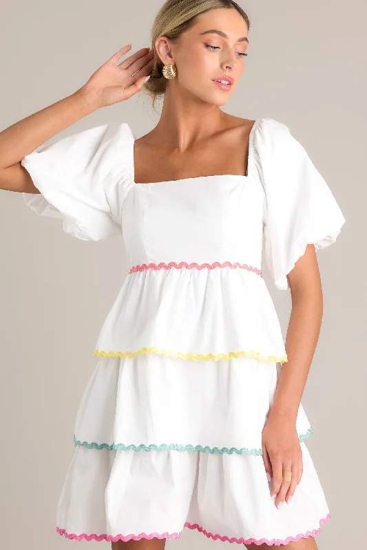 Aurora Dream White Multi Ricrac Mini Dress Cozy Cotton Mini Dress