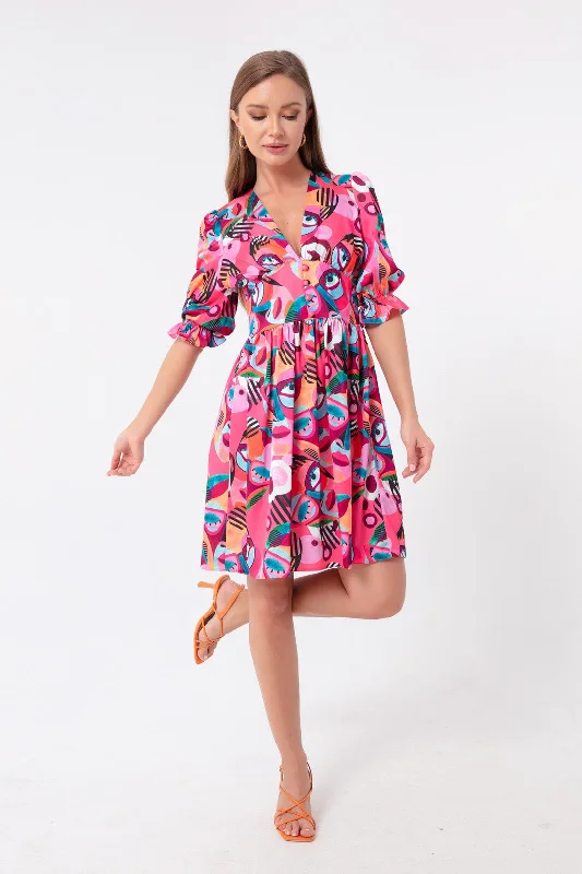 Woman Flower Patterned Mini Dress Chic Mini Dress with V-Neck