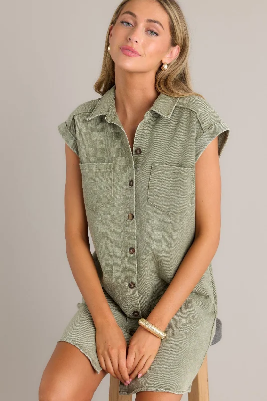 Stop & Stare Olive Green Denim Button Front Mini Dress Trendy Button-Detail Mini Dress