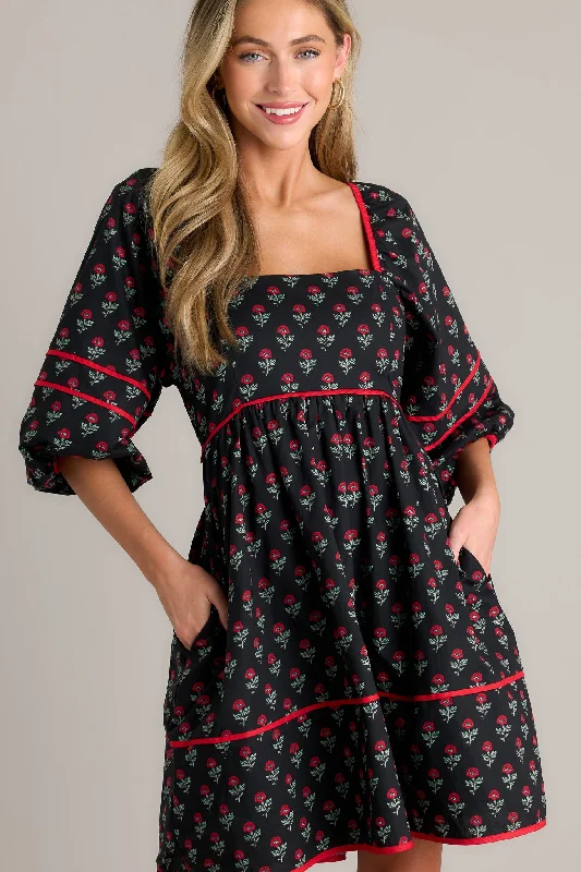 Midnight Rose 100% Cotton Black Floral Puff Sleeve Mini Dress Fashionable Boho-Chic Mini Dress Midnight Rose 100% Cotton Black Floral Puff Sleeve Mini Dress Fashionable Boho-Chic Mini Dress