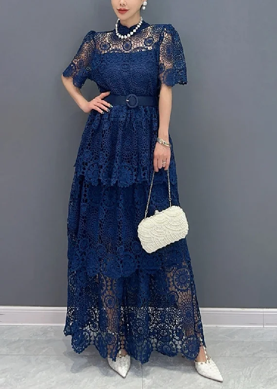 Chic Navy V Neck Sashes Hollow Out Lace Long Dresses Summer AO1013 Tunics Trousers formal Chic Navy V Neck Sashes Hollow Out Lace Long Dresses Summer AO1013 Tunics Trousers formal