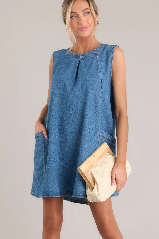 Rhythm Of Life Medium Wash Denim Mini Dress Elegant Lace-Up Mini Dress