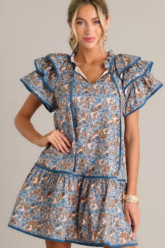 So Inspired 100% Cotton Blue Floral Mini Dress Comfortable Polka Dot Mini Dress